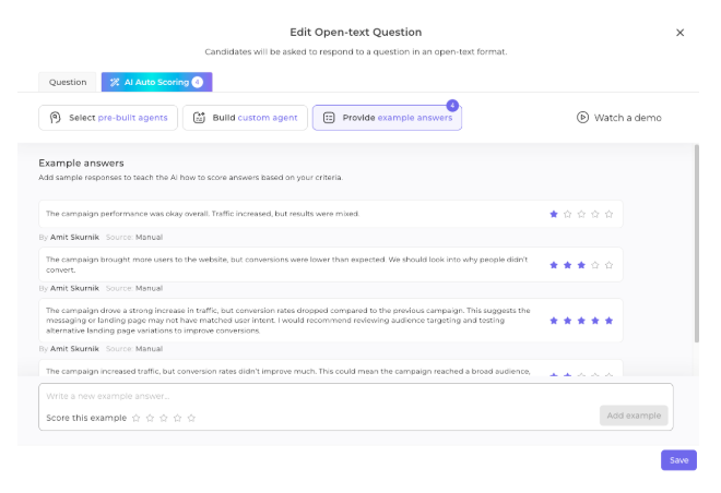 The AI Auto-Scoring Options offered by Canditech's Skill Assessment Platform
